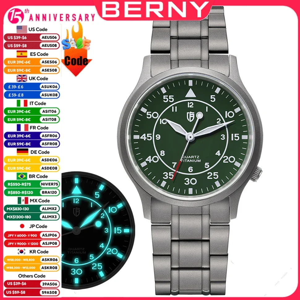 BERNY Titanium Quartz Watch for Men AR Coating Sapphire Luminous Fashion Wristwatch Best VH31 Ultra-thin  Waterproof 5ATM Watch