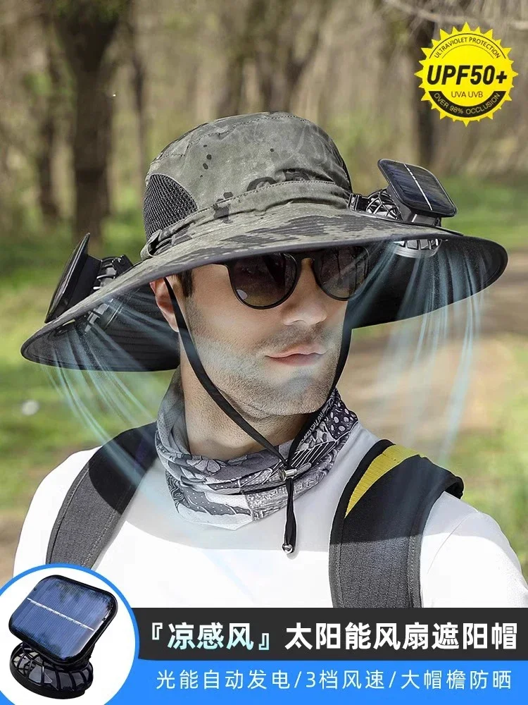 

Solar fan hat men's summer large brim UV protection bucket hat