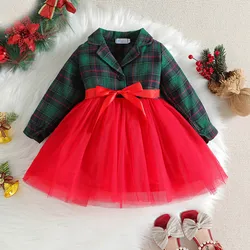 1 2 3 4 5Y Kids Christmas Tutu Dresses For Girls Lapel Green Plaid Princess Dress Party New Year Baby Children Christmas Costume