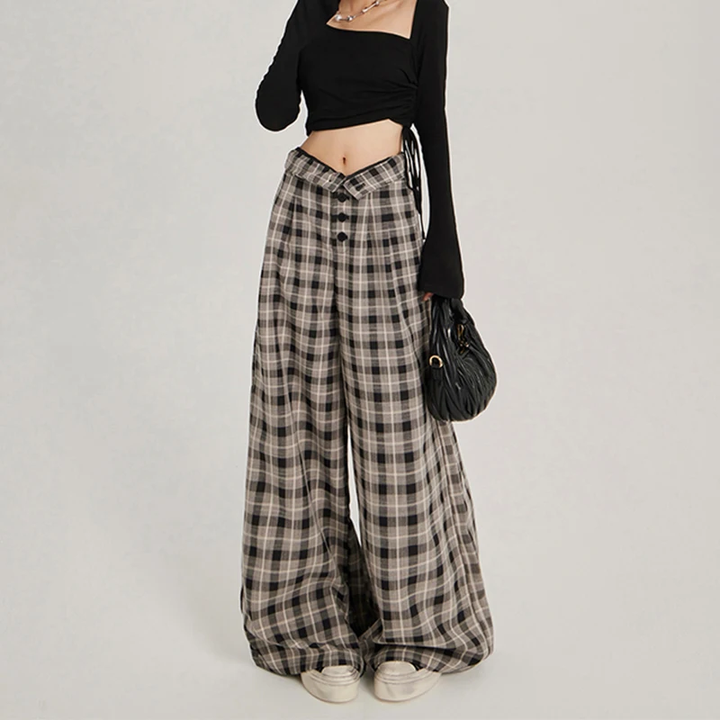 Women's Grey Plaid Pants Baggy Streetwear 90s Aesthetic Harajuku 2000s Y2k Pants Elegant Vintage Trousers Fashion Clothes 2024