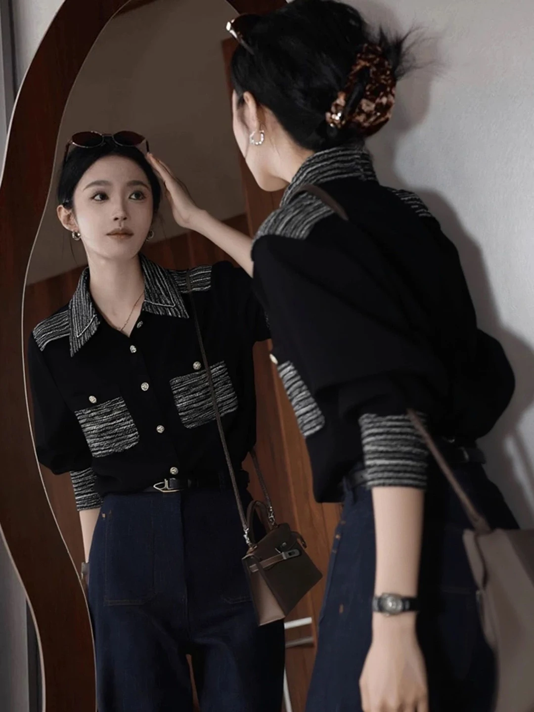 

Retro Patchwork Sle Bla irt Women's Autumn Winter Unique Single Button Beautiful oulder Line Ele Top