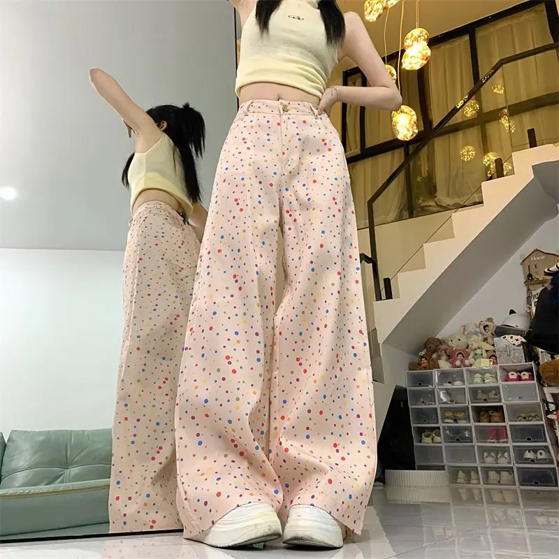 

Korean Wide Leg Pant With Wave-Point Design Are Slim With High Waist Floral Loose Jeans High Waist Wide Leg Pants Denim Trousers