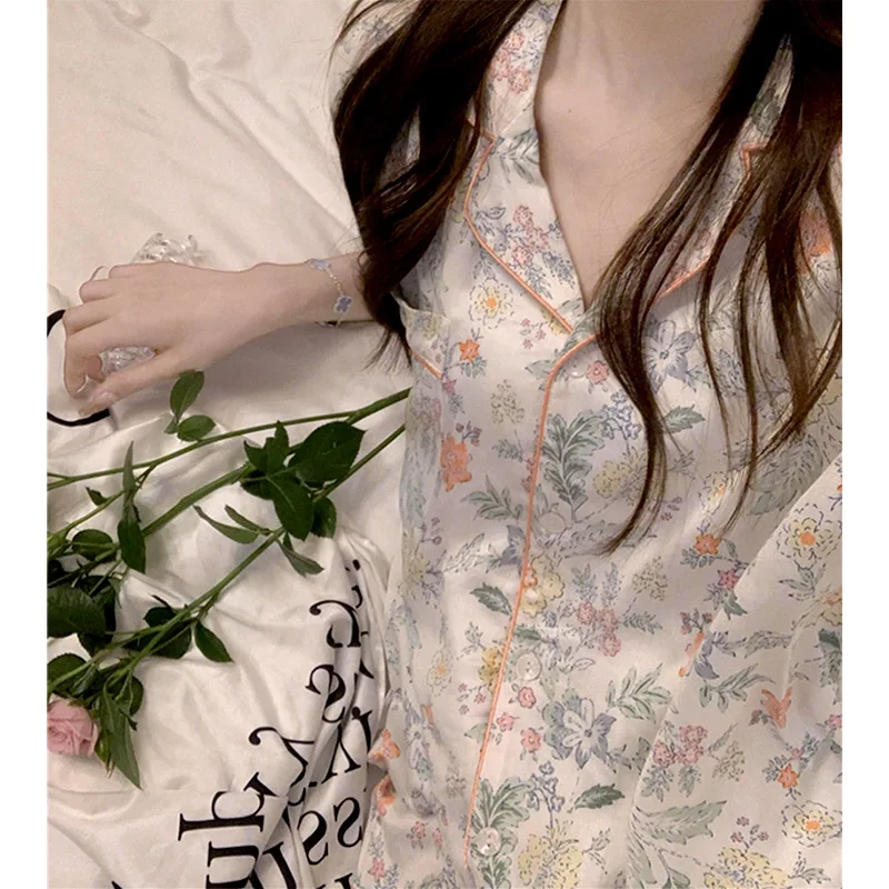 French Pastoral Small Fresh Floral Cardigan Short Sleeve Pajamas Summer Thin Ice Silk Home Suit Lingerie Silk Pajamas for Women