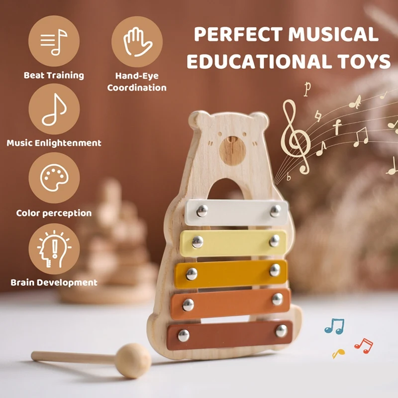 Baby Wooden Musical Instruments Toys Multifunctional Bear Shape Xylophone Octave Playing Musical Bear Toys Gift