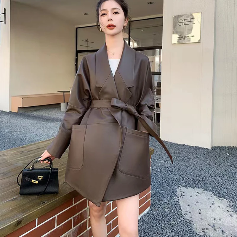 Women's Long Sheepskin Coat Autumn Winter Oversize Suit Collar Belt Waist Closing Slim Black/Coffee Jacket Veste En Cuir Femme