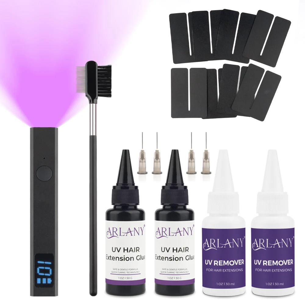 ARLANY UV Lamp Hair Extension Kit 30g UV Hair Glue with 30ml UV Glue Remover 8Pcs Shield Guards UV Hair Set Invisible Extensions
