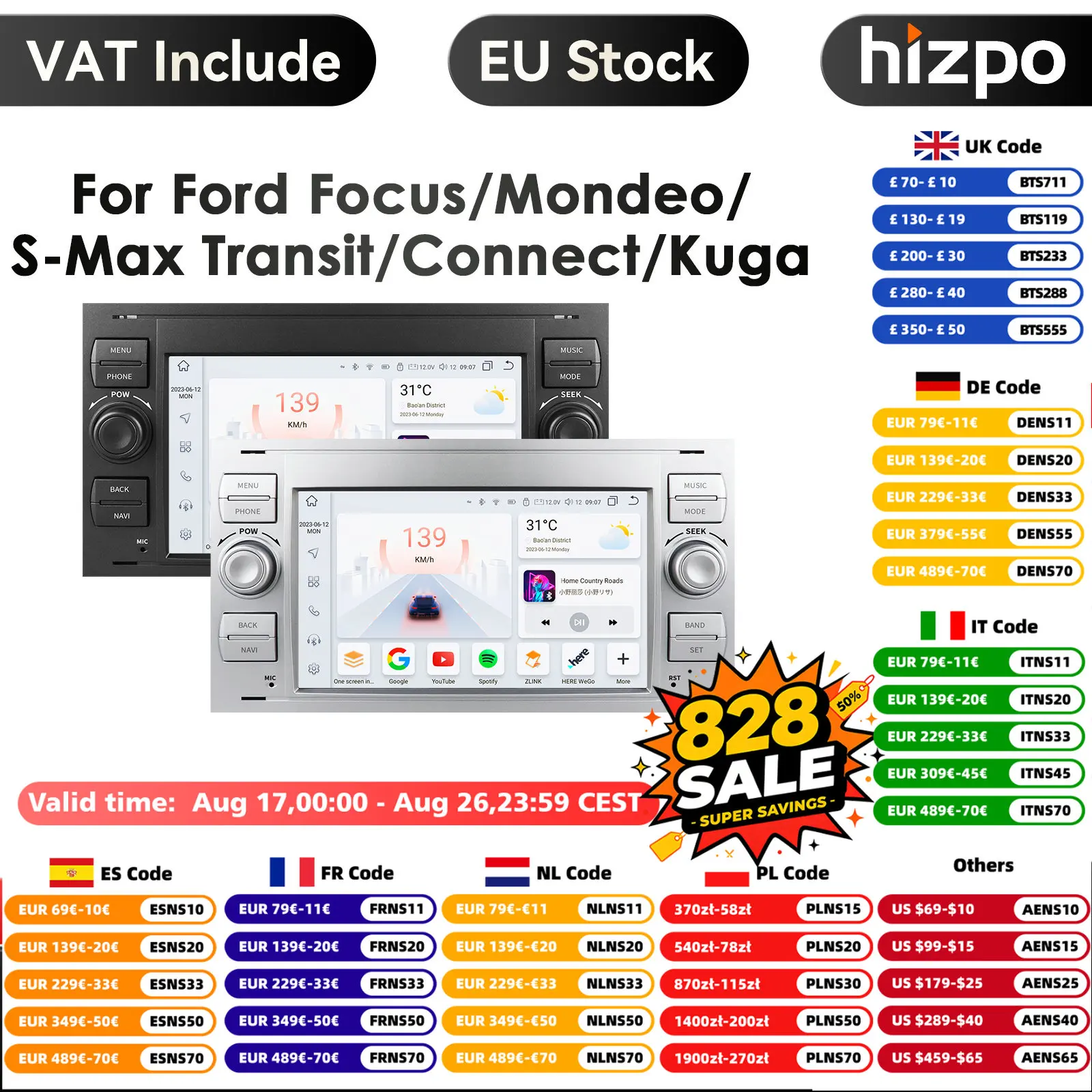 2din Android 14 Autoradio für Ford Mondeo S-max Focus C-MAX Galaxy Fiesta Transit Fusion Connect Kuga Multimedia Navigation GPS