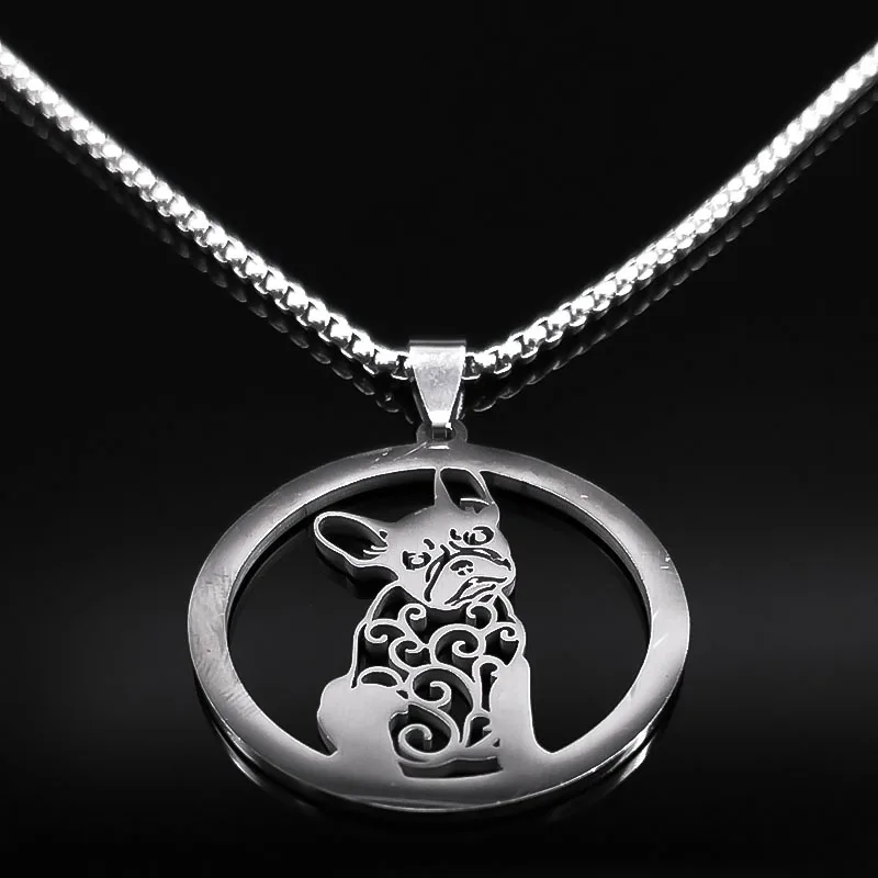 French Bulldog Chihuahua Pug Schnauzer Dog Crystal Necklace Stainless Steel Silver Color Statement Necklace Jewelry bijoux femme