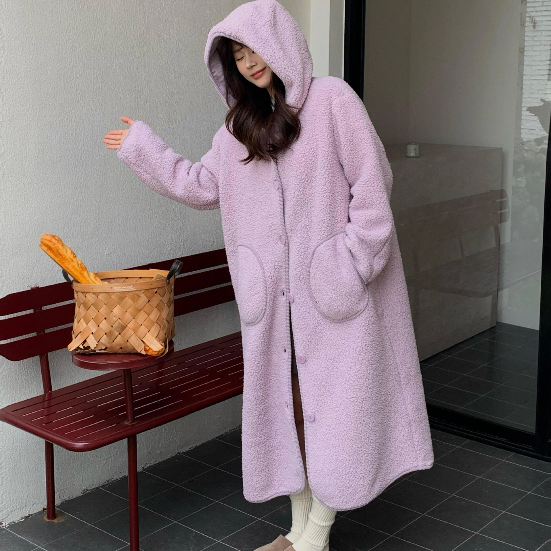 Womens Lamb Fleece Robe Warm Blanket Hooded Coat Winter New Homewear Dressing Gown Loose Casual Bathrobe Thickened Outerwear