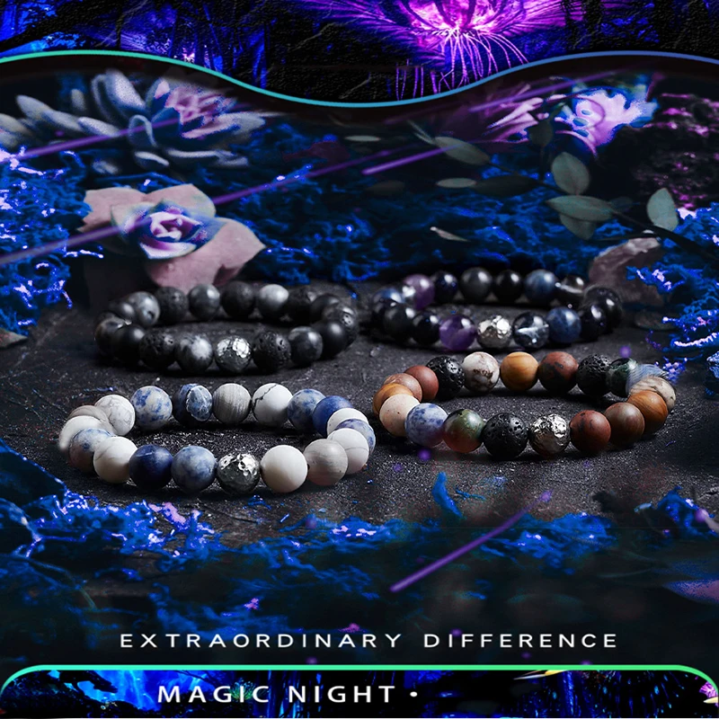 Magic Night Series Natural Stone Beads Bracelet Homme Amethyst Howlite Lava Blue Sand Emo Healing Bracelet for Women Wholesale