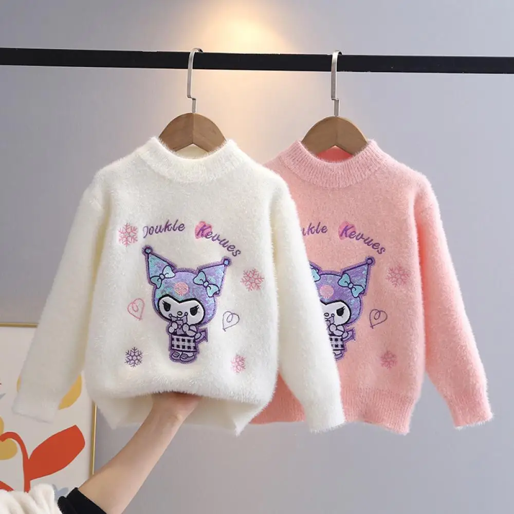 أنيمي الأطفال سترة Kuromi سترة ربيع الخريف Kawaii متماسكة سترة جولة الرقبة البلوز قاع قميص سترة