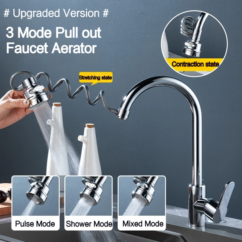 3 Modes Pull Out Faucet Extender Universal Aerator Sink Mixer Extension Tube Shower Water Saving Tap Kitchen Accessories