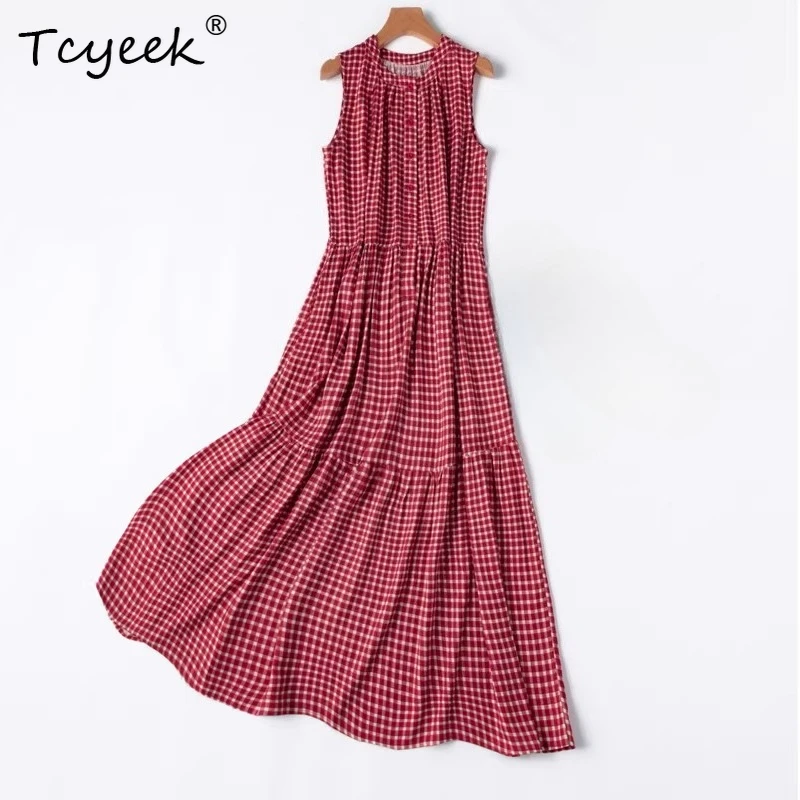 

Элегантное женское макси-платье Tcyeek из 50% шелка тутового шелкопряда и 50% хлопка, коллекция 2026 года, в клетку, модная летняя одежда, Vestido Mujer
