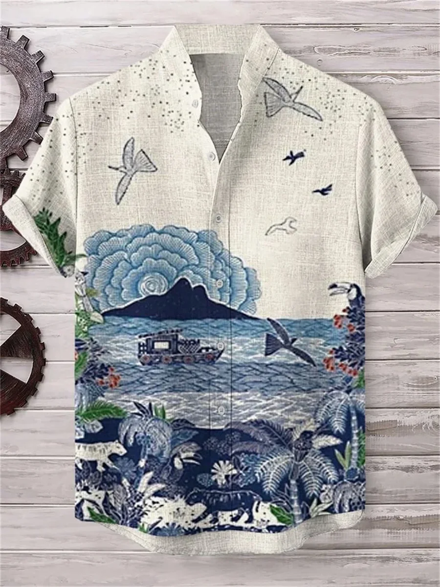 

2025 Men's Linen Casual Shirt Fashion Wave Print Harajuku Shirt Summer Festival Party Fashion Hawaiian Shirt Street Men's
