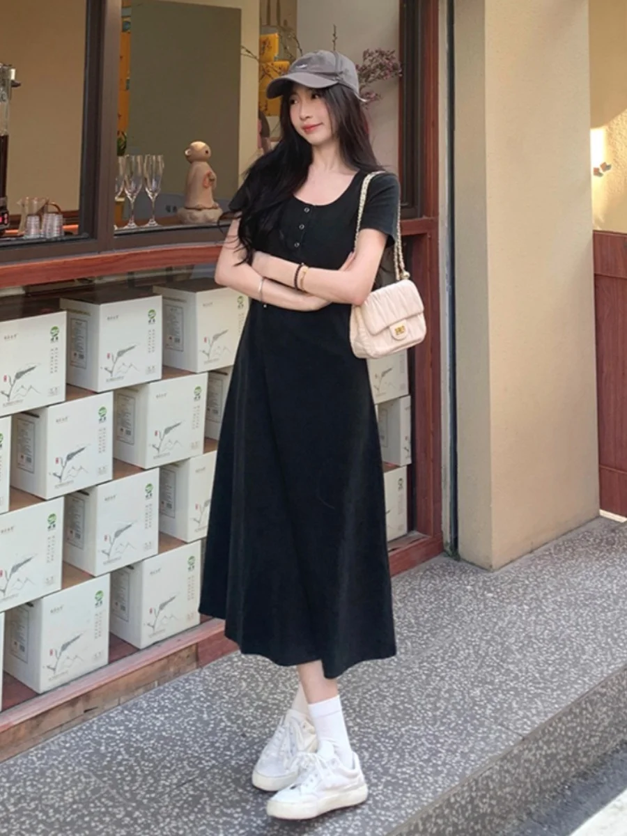 

plus Size Casual Summer Dress Women's High Waist A-Line Skirt Short Sleeve Slimming Black Dress Belly Covering Korean Style