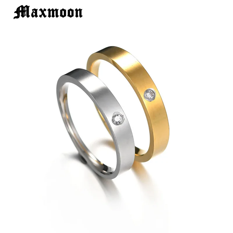 Maxmoon Gold-color Wedding Bands Ring for Women Men Jewelry 4mm Stainless Steel Engagement Ring Anniversary Gift