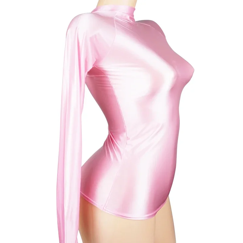 YAULAANG Shiny Long Sleeves Bodysuit Women Glossy Sportswear High Neck Gym Suit Sexy Leotards Compression Shirt Bathing Top