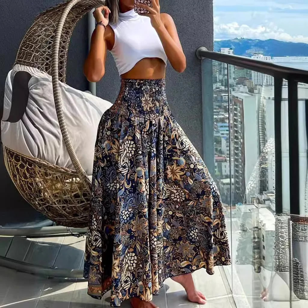 Summer Print Vintage Skirt Women Fashion Hight Waist Floral Dress Boho Holiday Party Skirt Robe Feame