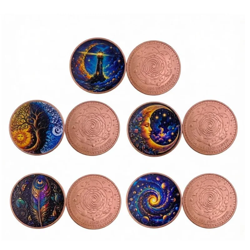 1oz.999 Fine Copper 5pc Set Sky Riddle Round Lighthouse Tree Moon Galaxy Feather Spiral Back Colorized Art Collectible Desk Gift