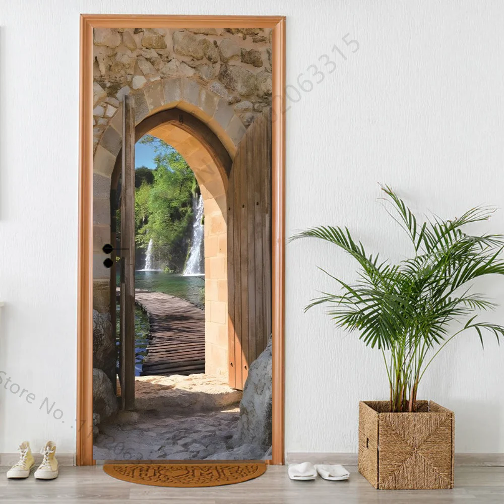 3D Door Sticker Wallpaper Self-adhesive Purple Flowers Landscape Door Decal Mural for Bedroom Bathroom Vinyl Poster Home Decor