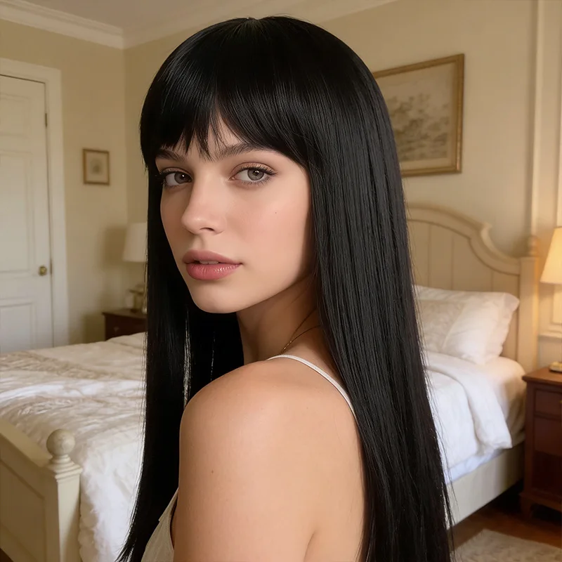 Fashionable European and American style black long straight full wig for women, with realistic hair and fluffy natural air bangs