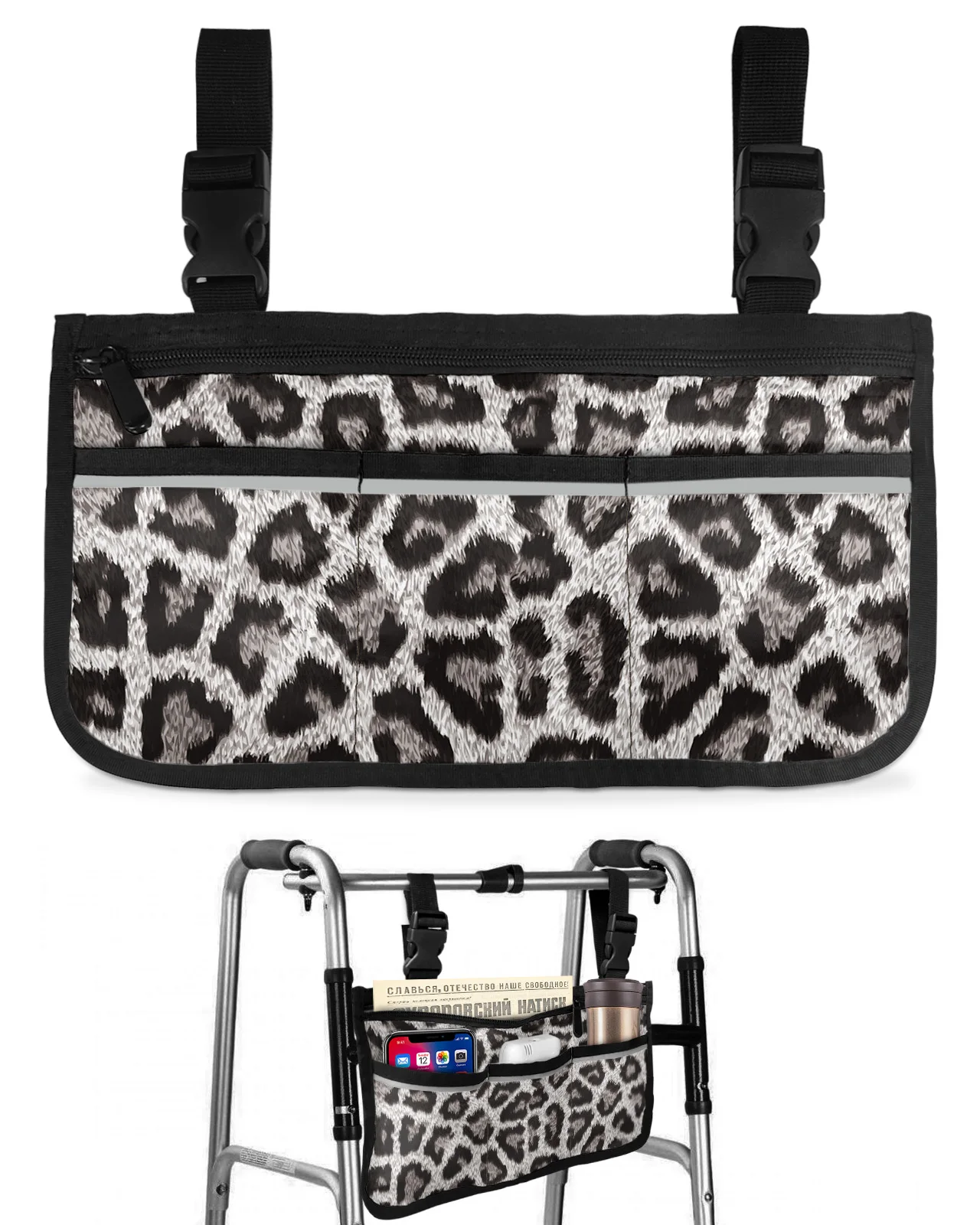 Animal Skin Texture Leopard Wheelchair Bag With Pockets Armrest Side Bags Electric Scooter Walking Frame Storage Pouch