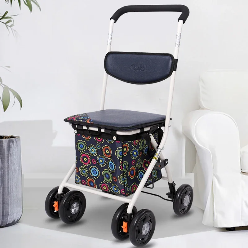 Portable Grocery Trolley, Sturdy Mobility Aid for Elderly, Foldable Senior Walker with Seat - Lightweight Shopping Cart
