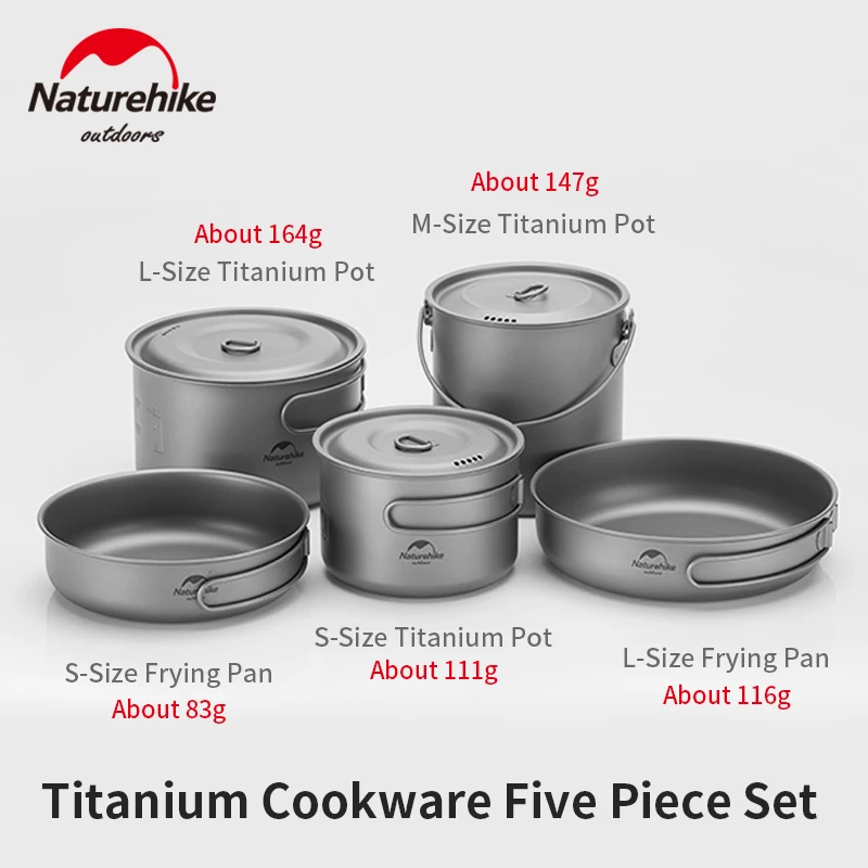 

Naturehike Outdoor Lightweight Portable Titanium Cookware Camping Pincic Cooker Pot 2-3 Persons Titanium Pot Pan Tableware 5 in1