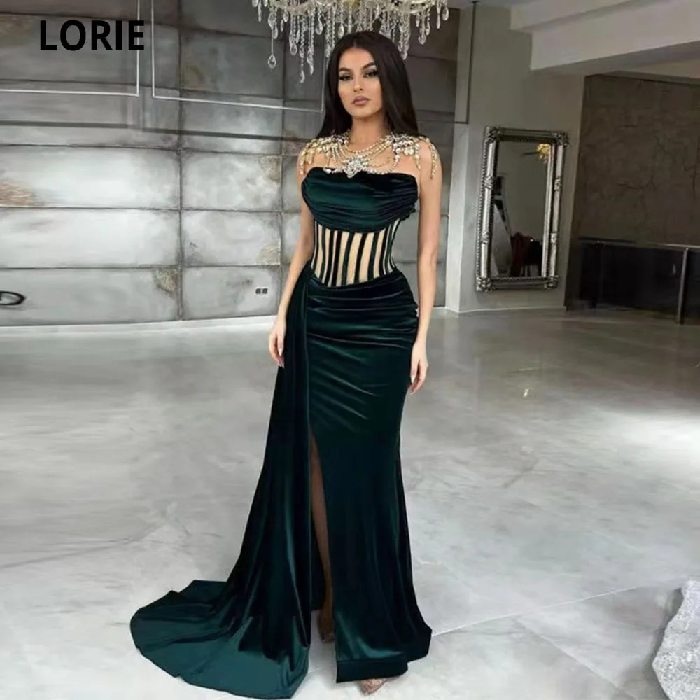 

LORIE High Quality Illusion Mermaid Evening Dresses 2022 Green Women Celebrity Side Split Prom dresses Party Robes De Soirée