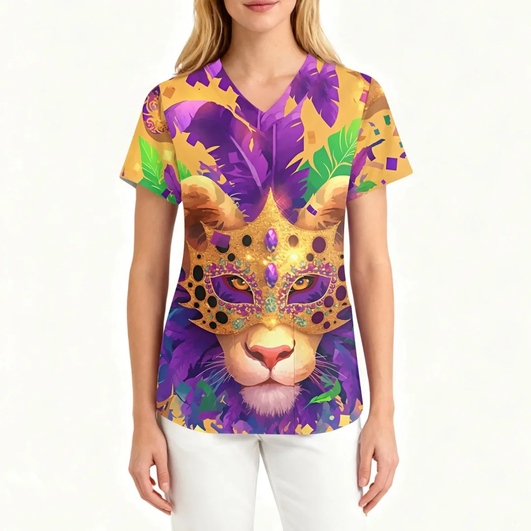 女性用マルディグラススクラブトップ 面白いマスク フェザープリント 半袖 看護師作業服 マルディグラス 快適なスクラブトップ ポケット付き