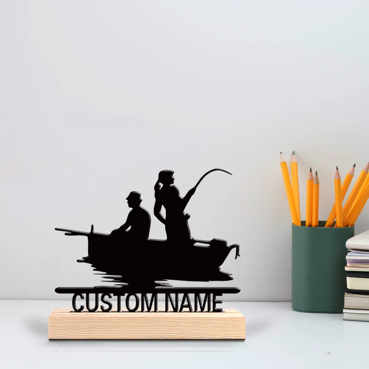 1pc fishing Custom Name Tin Statue Metal Ornament Art Figurine With Wood Base Metal Sculpture With Wood Base For Kids Gifts