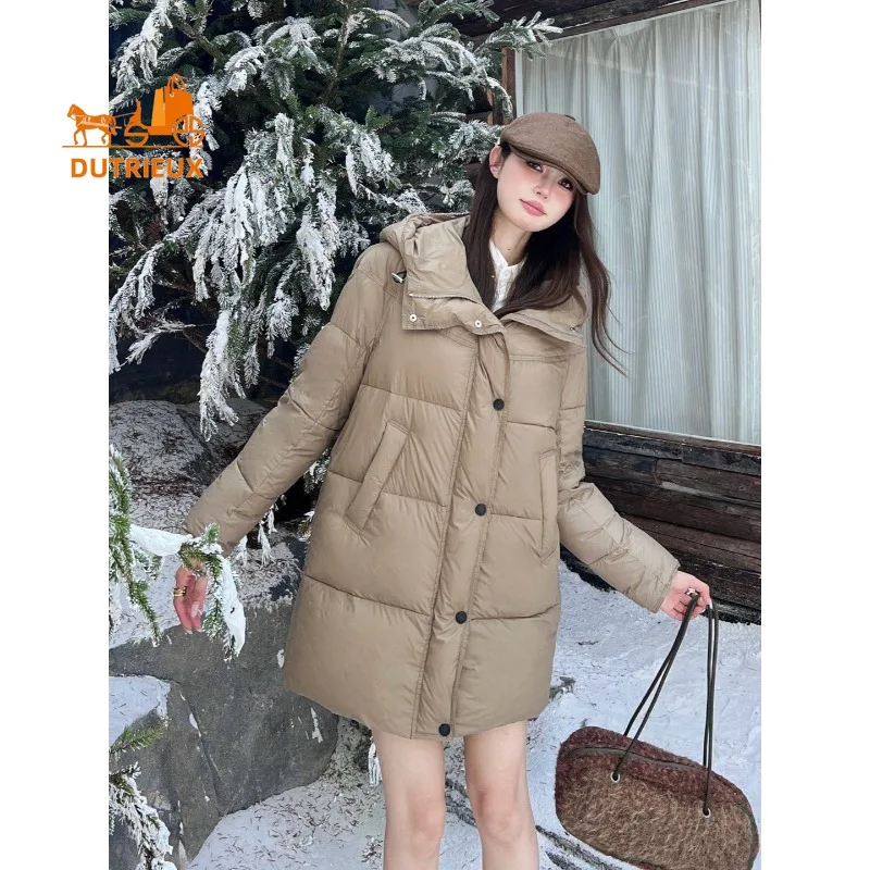 New Winter Women's Simple Versatile Lapel Hooded Mid-length Down Jacket, 90% White Goose Down Filling, Casual Warm and Soft Coat