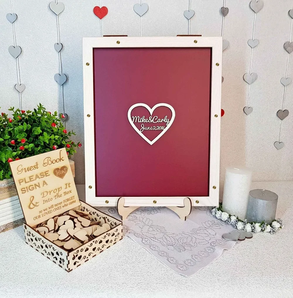 

Wooden Wedding Classic Memory Guest Book, Elegant Drop Box with hearts,Mr&Mrs Guest Book Alternative, wedding Guest Book.