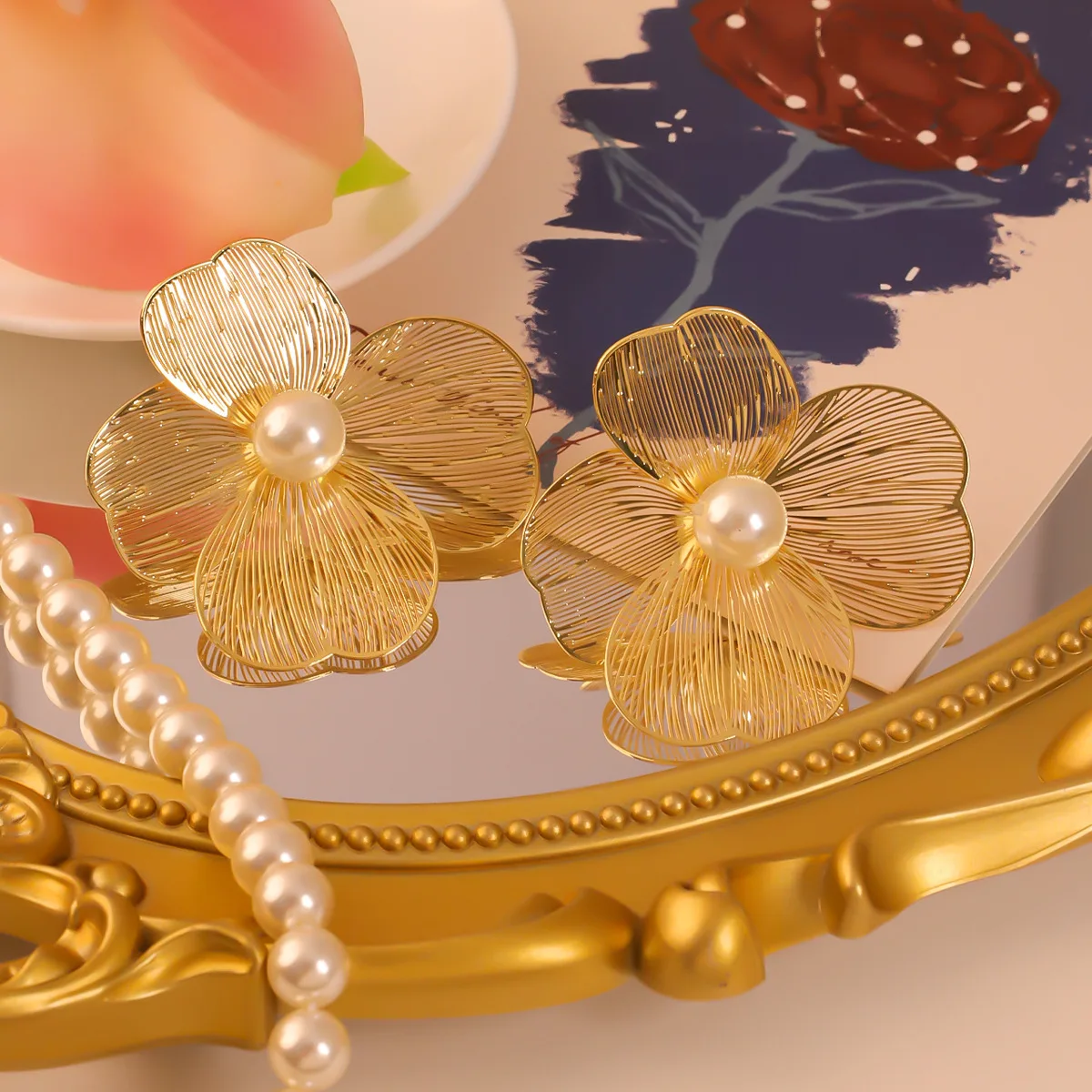 Large Metal Flower Petal Imitation Pearl Stud Earring for Women Simple New Fashion Jewelry Accessory Wholesale Christmas Gift