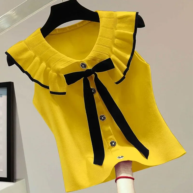Women's Peter Pan Collar Ruffle Bow Color Block Sleeveless T-Shirt 2026 Summer Korean Slim Crop Top