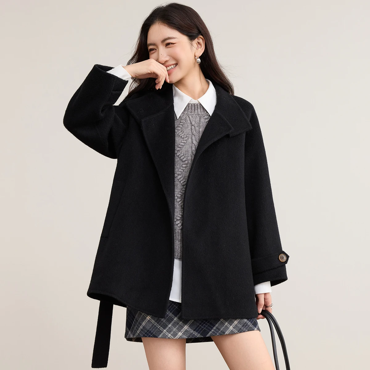 SENTUBILA Women's 100% Wool Double Faced Wool Coat Winter 2026 Stand Collar Thick Warm Tweed Jacket Luxury Outerwear W54OG8765