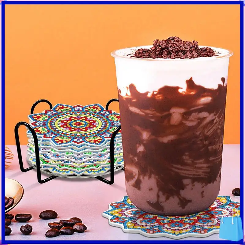 مجموعة قواعد أكواب مكونة من 8 قطع المفضلة لدى العملاء مجموعة قواعد أكواب فنية ماسية ماندالا مع حامل، مجموعة أدوات رسم ماسية ذاتية الصنع