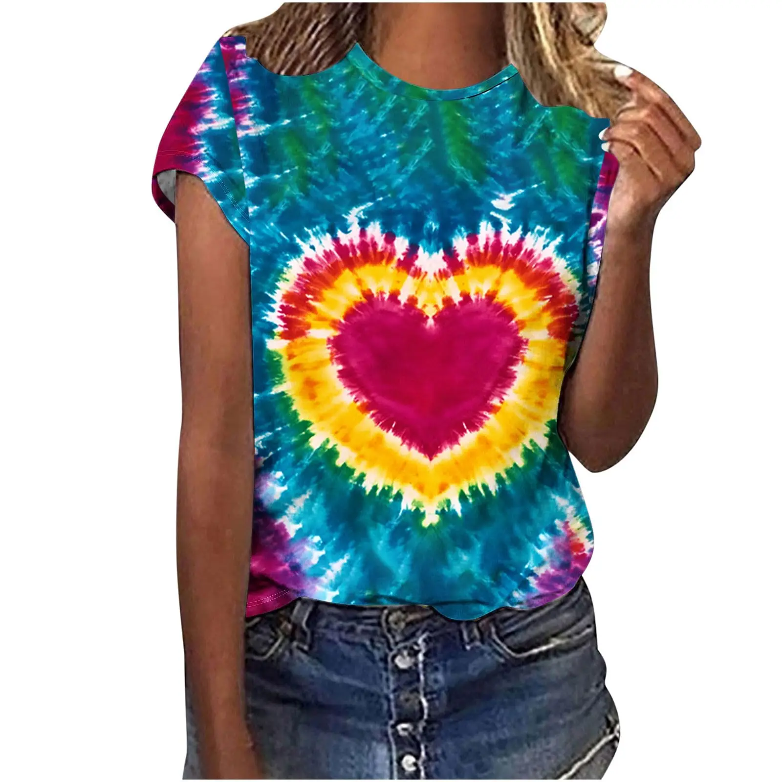 

Heart Graphic 3D Print Tie Dye T-Shirts Women O-Neck Short Sleeve T Shirt Streetwear Y2k Harajuku Tees Basic Top Female Clothing