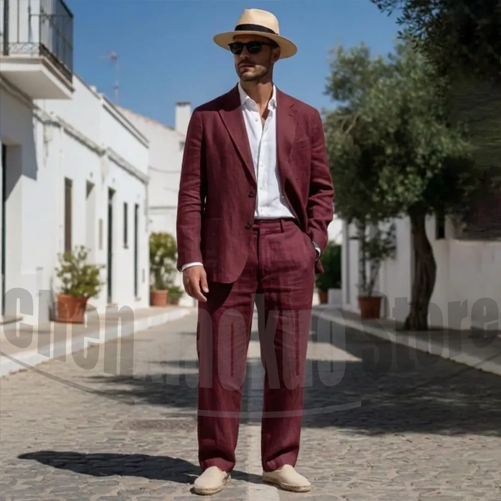 

Burgundy Linen Men Suit 2 Piece Single Breasted Slim Fit Outfit Formal Wedding Groom Blazer Pants For Summer Casual Beach Party