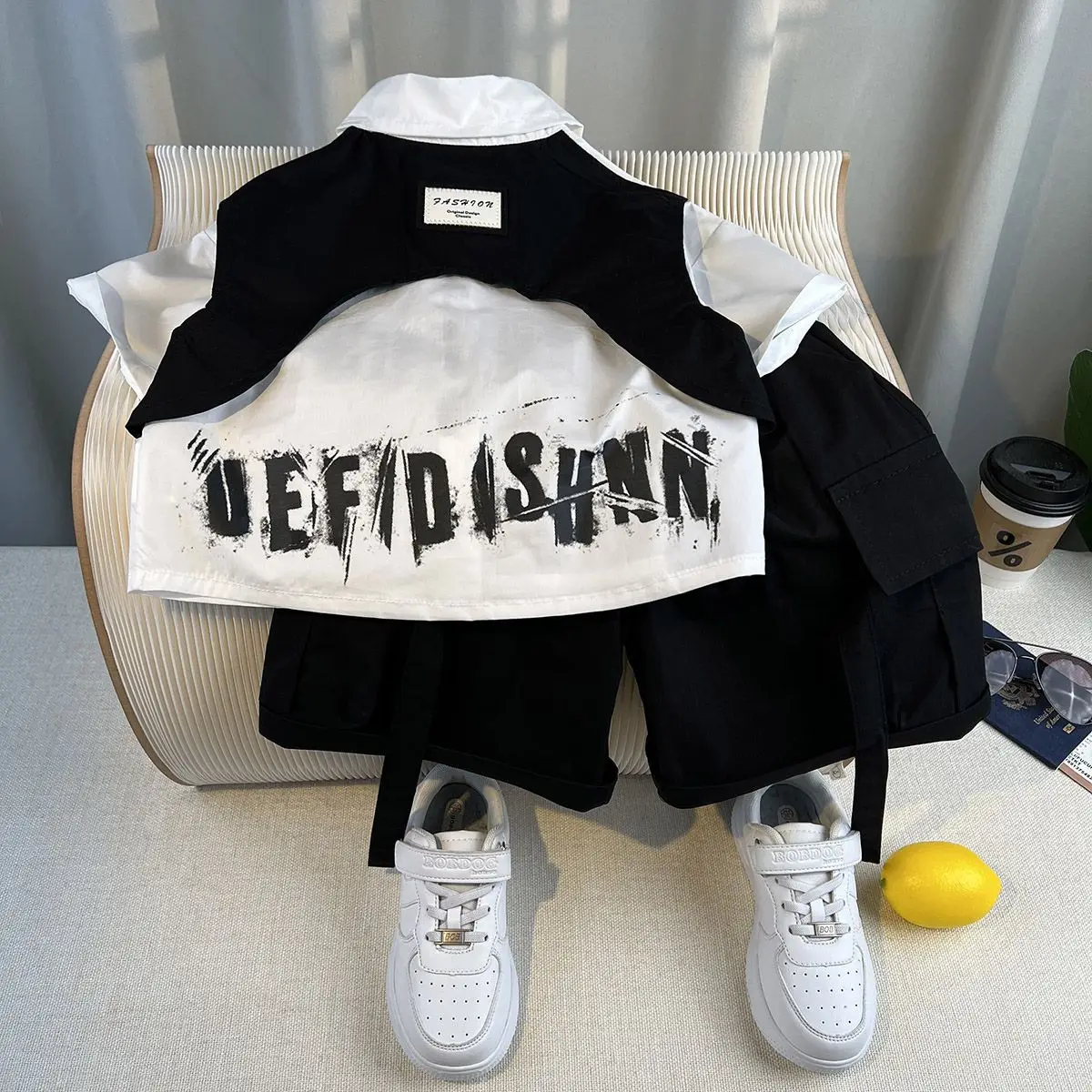 

Boys fake two-piece shirt shorts suit children's summer baby Korean fashion thin short-sleeved two-piece suit