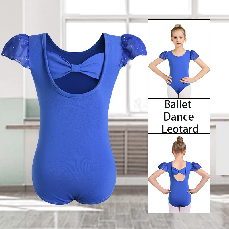 여자 어린이 기본 발레복, 반짝이는 러플 소매와 예쁜 뒷 리본이 있는 여자 체조 상의, 댄스 레오타드