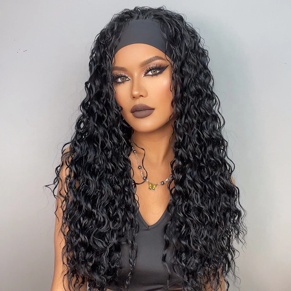 Curly Headband Synthetic Wigs Natural Black Long Women's Headband Wig Deep Water Wave Bohemian Hair For Black Women Fake Hair