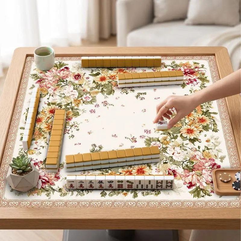 VIKAMA Cream Mixed Floral Mahjong Mat Soft Noise Reducing Country Style Dual Use Household Mahjong Table Cover