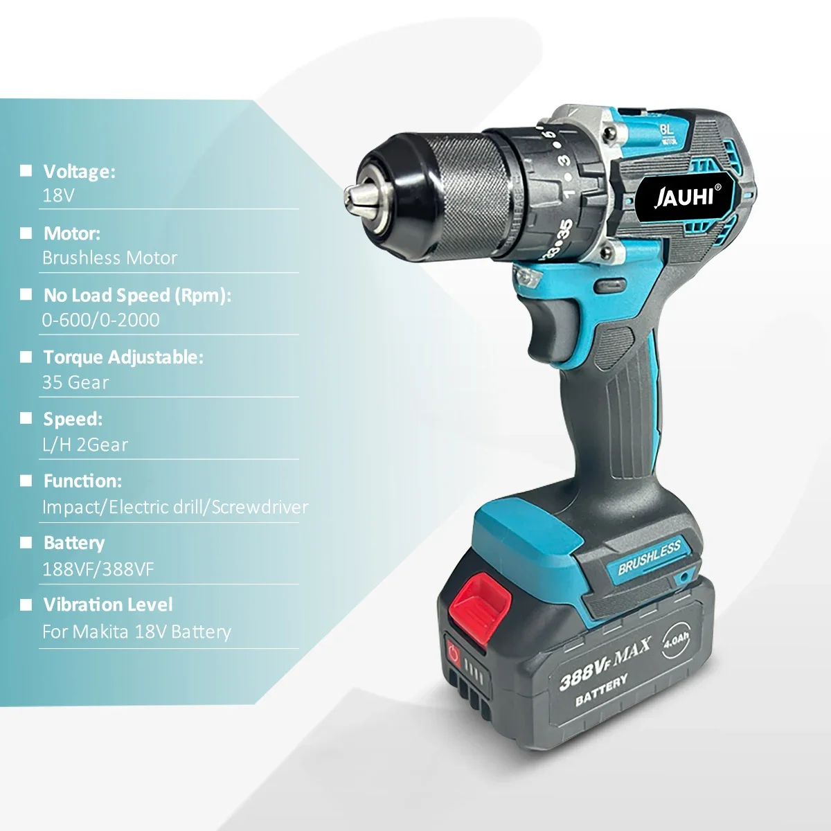 JAUHI Brushless Electric Impact Drill 2 Gears 35+3 Torque 13mm Cordless Efficient Electric Screwdriver For Makita 18V Battery