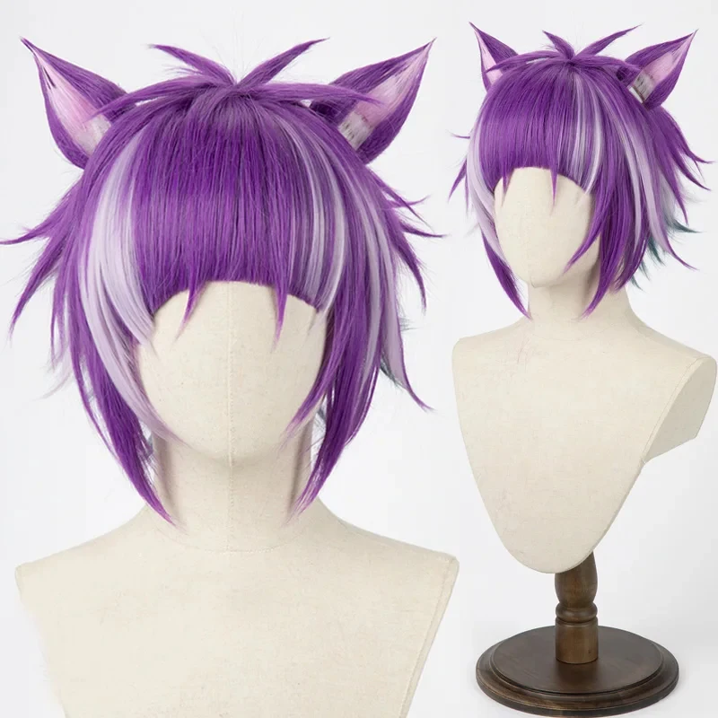 Twisted Wonderland Chenya Cosplay Halloween Party Heat Resistant Synthetic Hair Short Purple + Ear + Free Wig Cap gf;.9 view 2