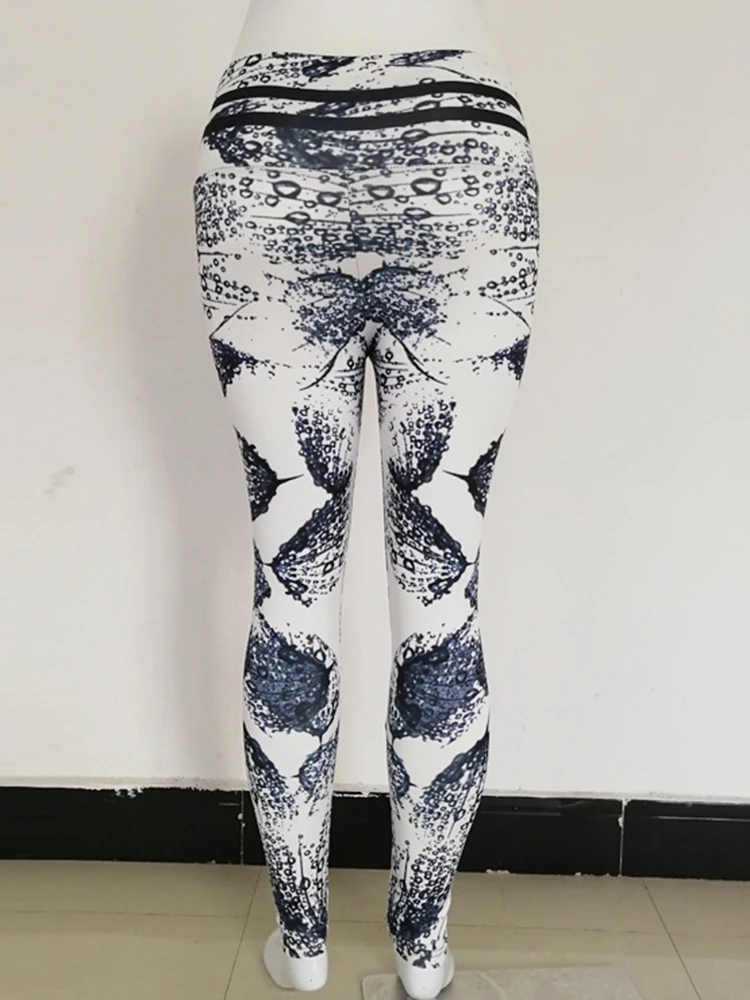 Modne Sexy legginsy z nadrukiem z piórami i kroplami deszczu Push Up na siłownię dla kobiet do ćwiczeń Jegging Fitness sportowy Leggins spodnie do jogi z wysokim stanem