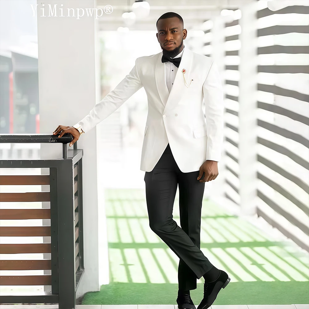 

YiMinpwp White Mens 2-Piece Suit Set Shawl Lapel Satin Tuxedo for Wedding Formal Events Blazer Pants Slim Fit Suit XS-5XL