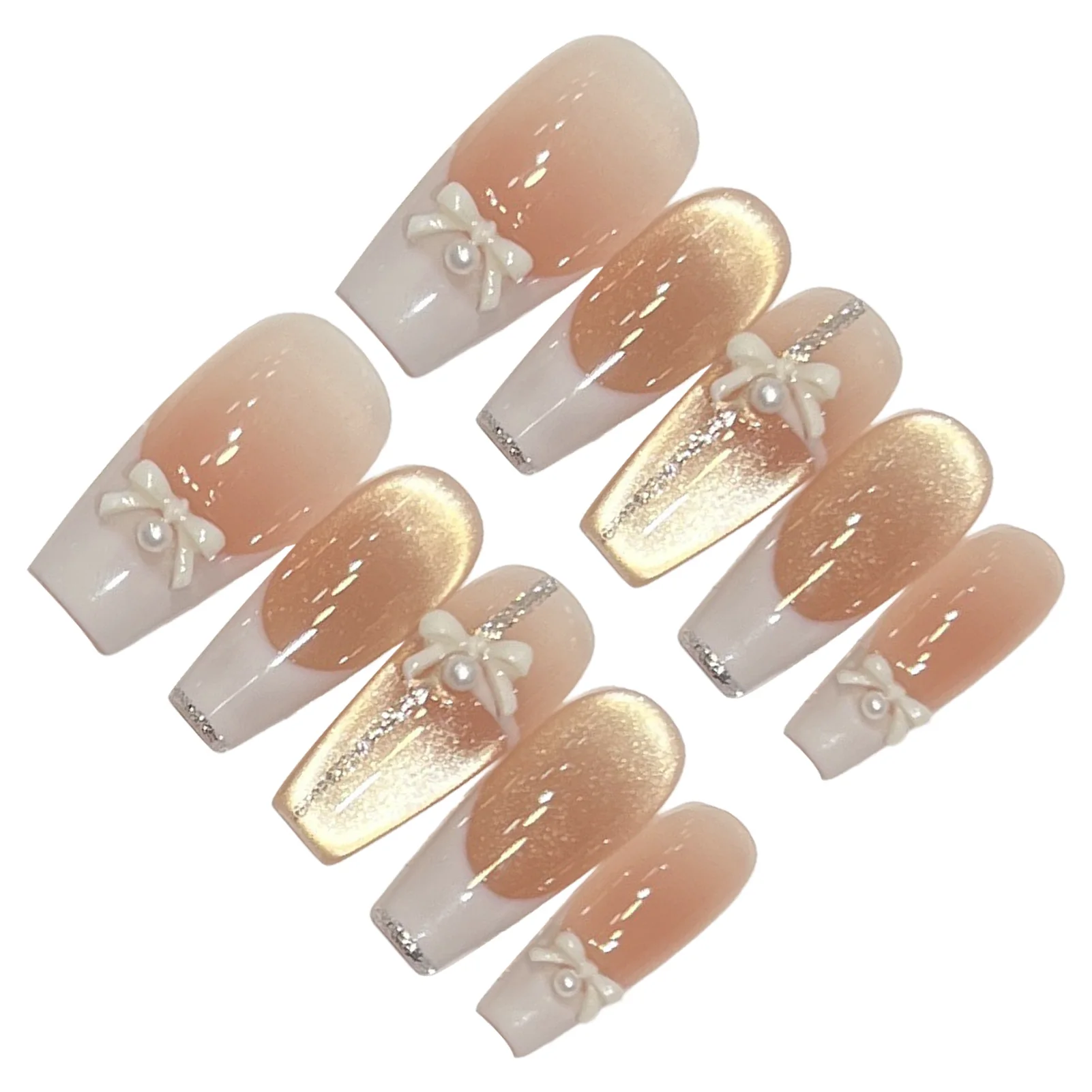 เล็บปลอมสำเร็จรูปสีชมพู 10 ชิ้น ลายตาแมว เรซิ่น ทำมือ สไตล์ฝรั่งเศส ประดับโบว์ สำหรับตกแต่งเล็บด้วยตัวเอง งานแต่งงาน งานปาร์ตี้