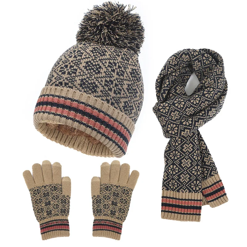 

3Pcs Knitted Hat Gloves and Scarves Sets Winter Outdoor Warm Cold-Proof Hat Kit Unisex Fashion Printed Gloves Scarf Pullover Cap