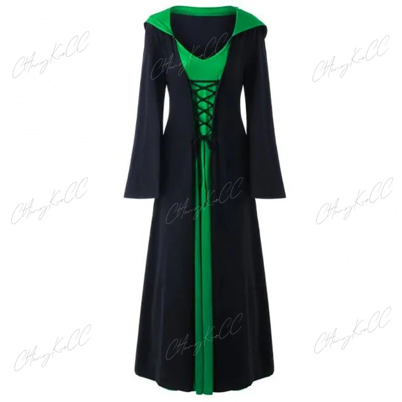 Vestido medieval de Halloween para mulheres, capa encapuzada, robe retrô, fantasia cosplay, assustador, vampiro, bruxa, carnaval, vintage